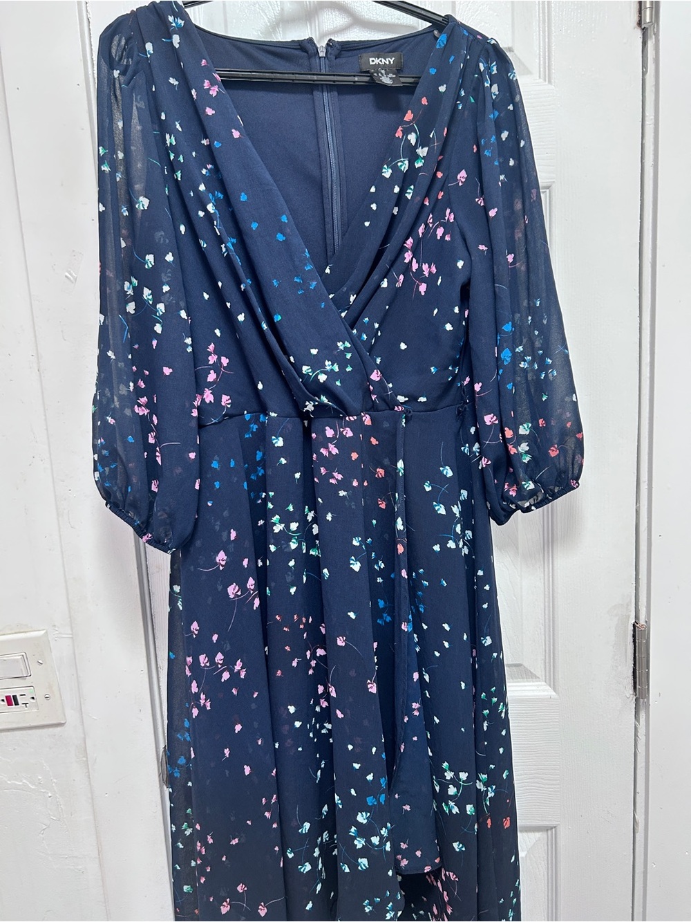 DKNY Navy Midi Dress with Pink and Aqua Floral Print